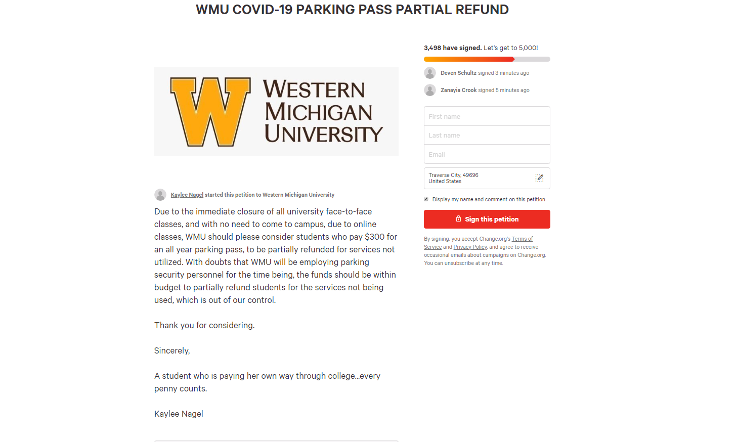 Student petitions WMU to issue refund for unutilized parking